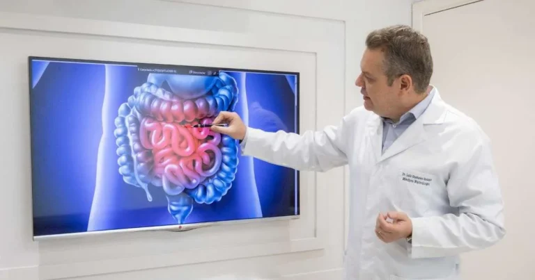 Dr. Luiz Gustavo Solano, médico nutrólogo, apontando para imagem 3D do intestino em tela durante explicação em consultório