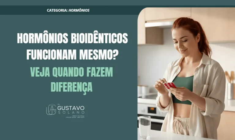 Mulher jovem na cozinha segurando cartela de cápsulas, prestes a iniciar um tratamento. Imagem utilizada em artigo sobre hormônios bioidênticos e quando eles são indicados.