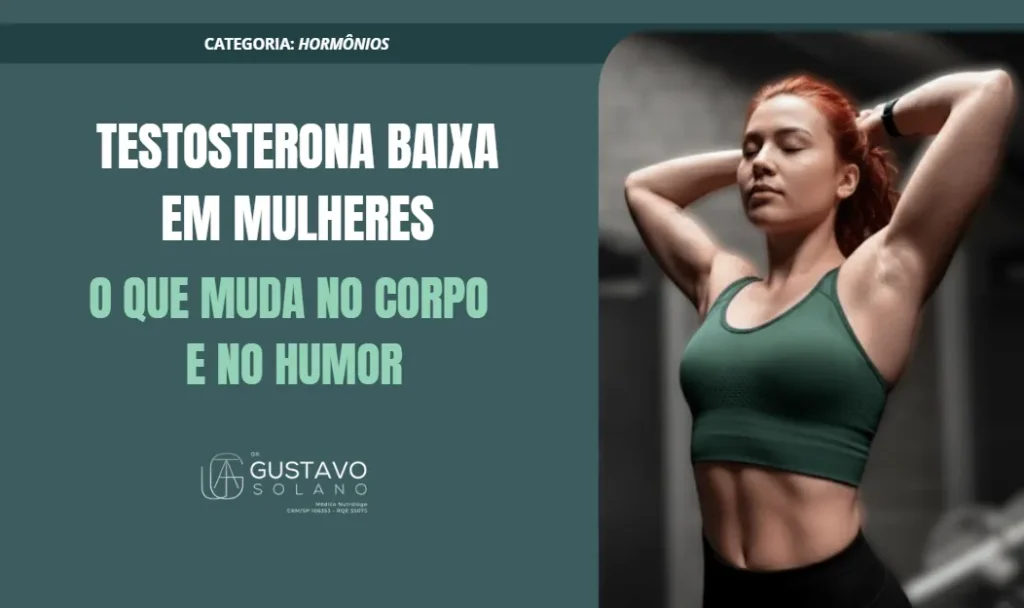 Mulher jovem com roupa esportiva, em posição de alongamento, representando força, foco e saúde. Imagem utilizada em artigo sobre testosterona baixa em mulheres e seus impactos no humor, energia e composição corporal.